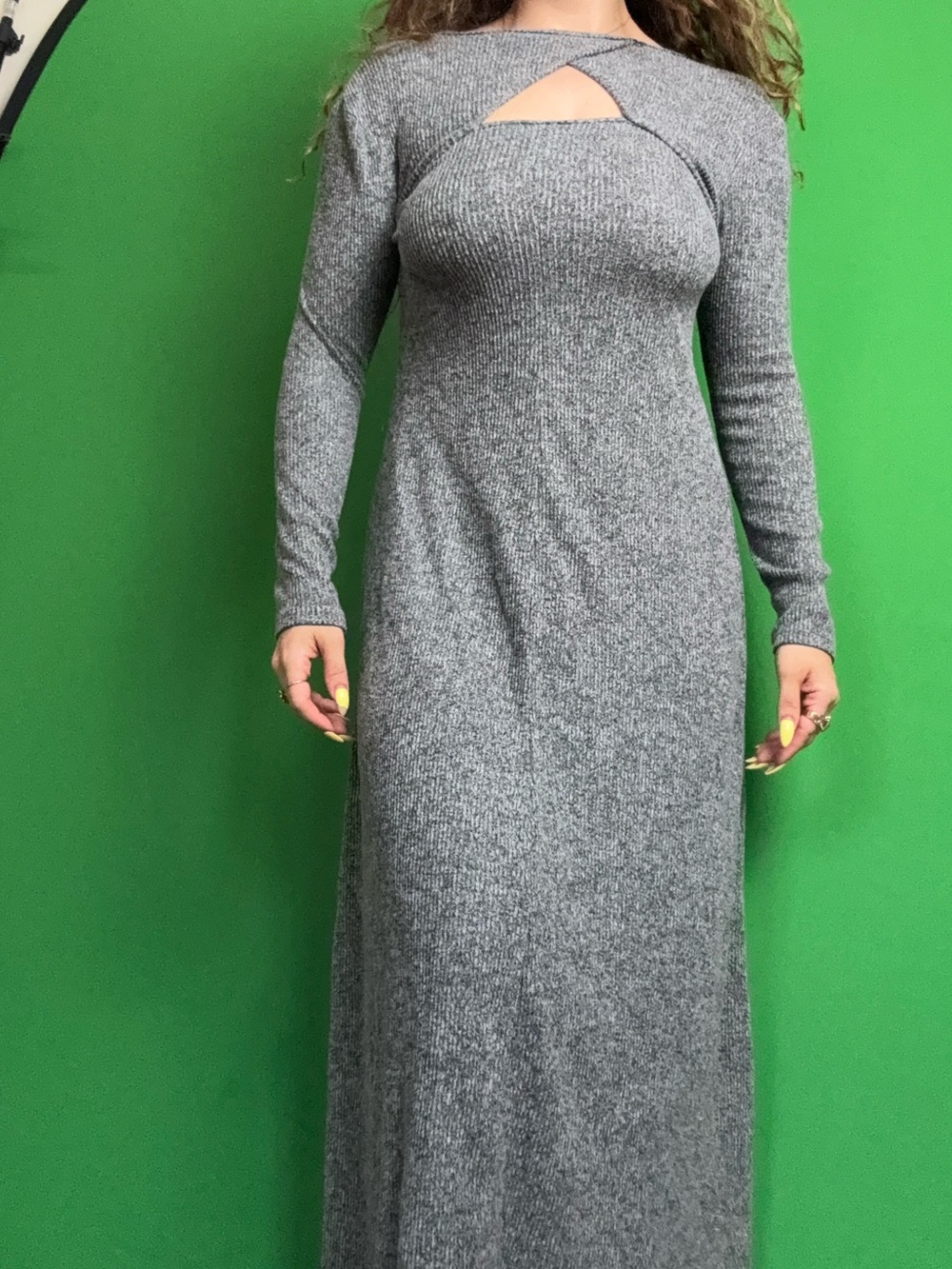 Gray Long-Sleeve Knit Maxi Dress with Front Cutout